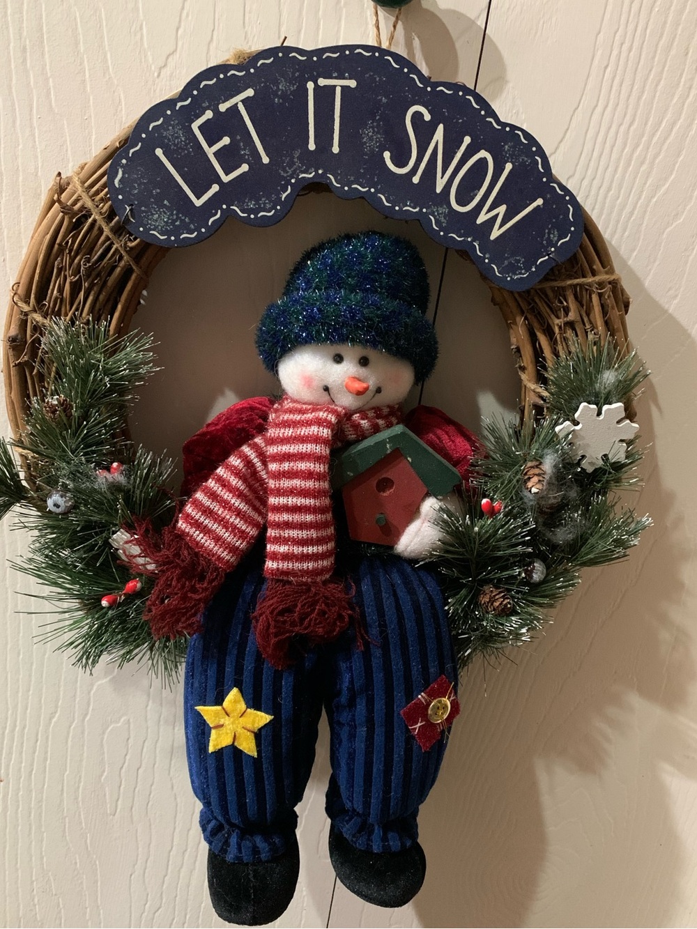 Let It Snow Holiday Snowman Wreath - Blue, Red